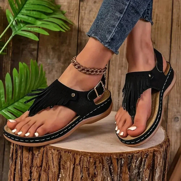 Ankle Buckle Platform Tassel Walking Sandals - Picture 2 of 3